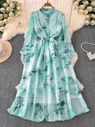 Women French Printing Chiffon Dress Spring Autumn Stand Collar Button Slim Long Dresses Ladies Bubble Sleeve Floral Long Robe