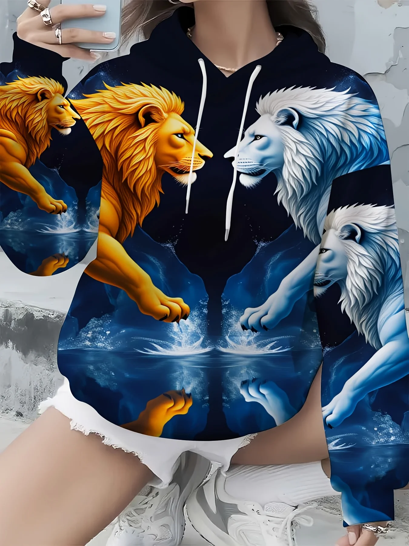 3D Full Print Lion Hoodie Men Fire Ice Dual Lions Water Mirror Splash Wild Animal Drawstring Loose Casual Hooded Sweat Top