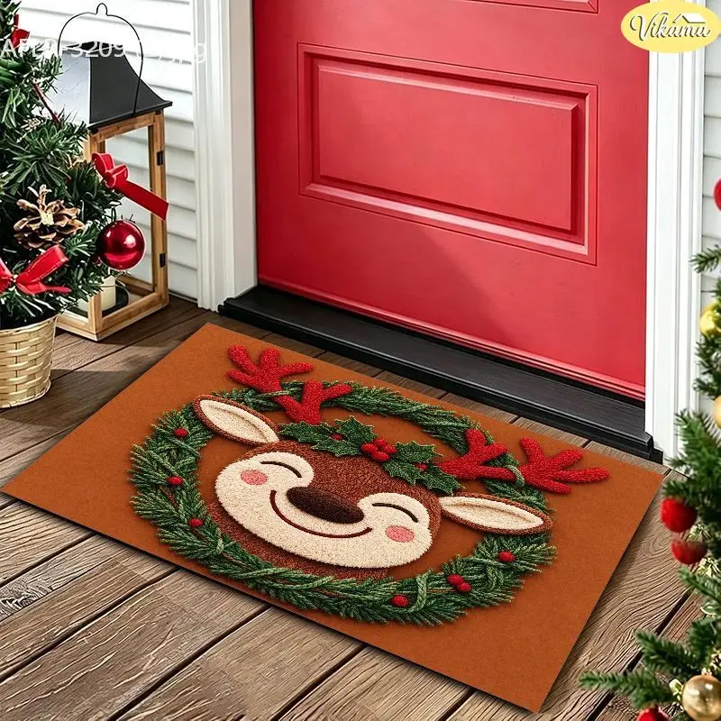 VIKAMA Brown Deer Wreath Holly Berry Crystal Velvet Entry Rug Non Slip Floor Pad for Xmas Warm Cozy Decorative Home Decor