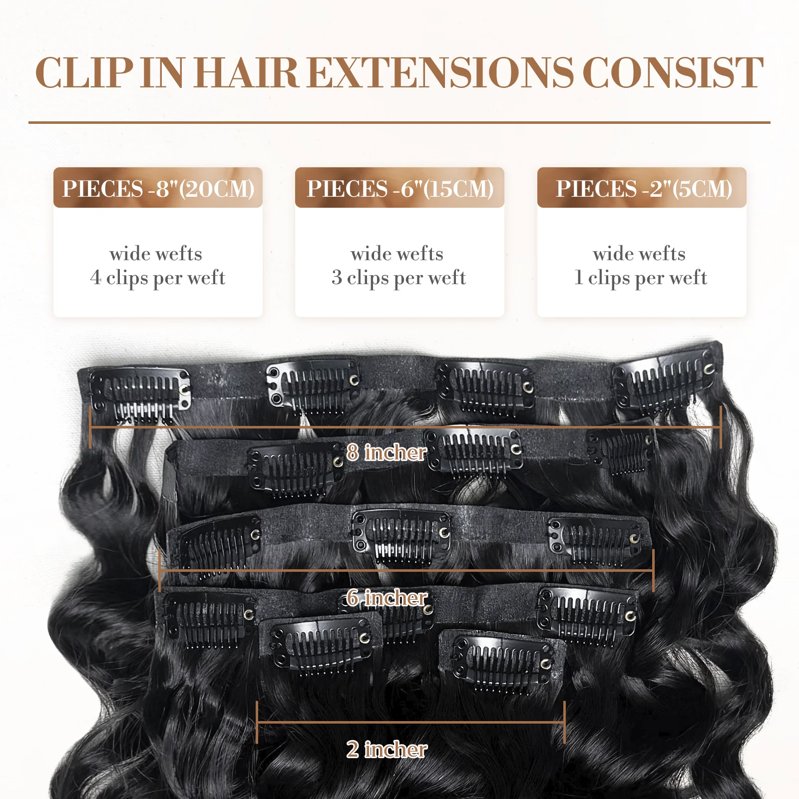 Ekstensi Rambut Clip in PU Tak Terlihat Model Loose Wave, Rambut Asli Warna Hitam Alami # 1B Machine Remy Hair Pieces Clip On 110g 6pcs/set