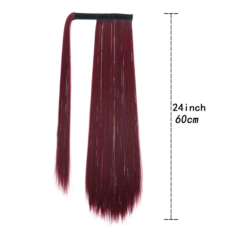 Shiny Laser Silk Synthetic Ponytail for Women, Long Sleek Straight Holographic Tinsel Hair Extension With Wrap-Around Velcro, Po