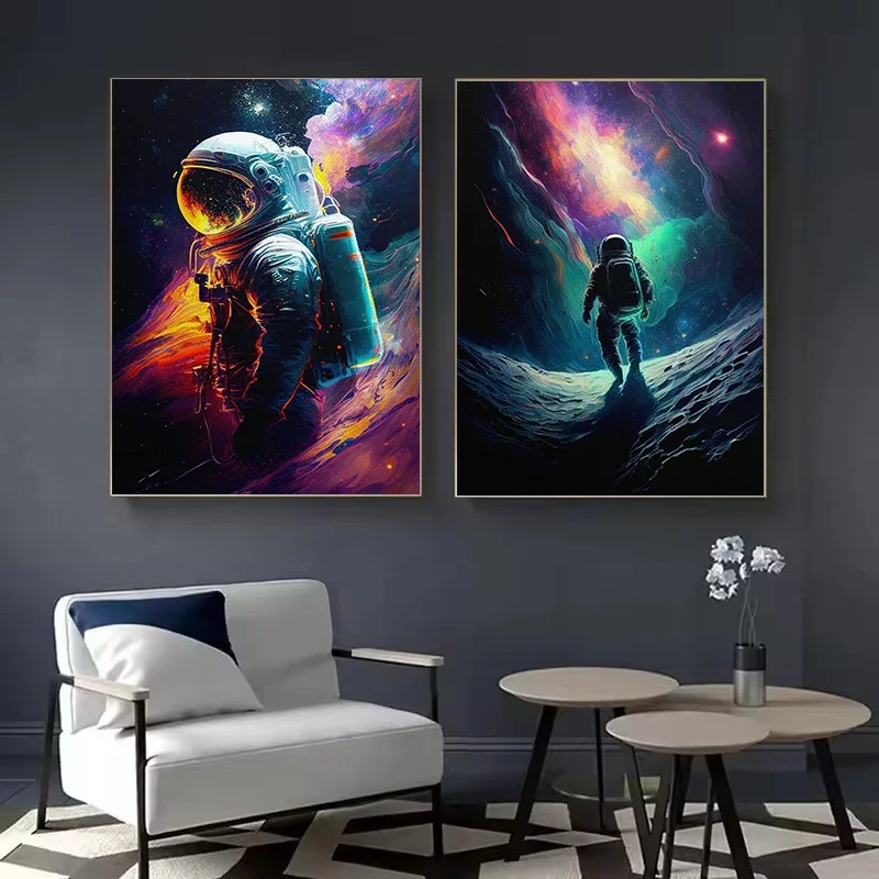 1pc frameless Canvas Painting Sci-fi Retro Astronaut Colourful Spaceman and Flowers Solar System Planet Poster Canvas Painting W