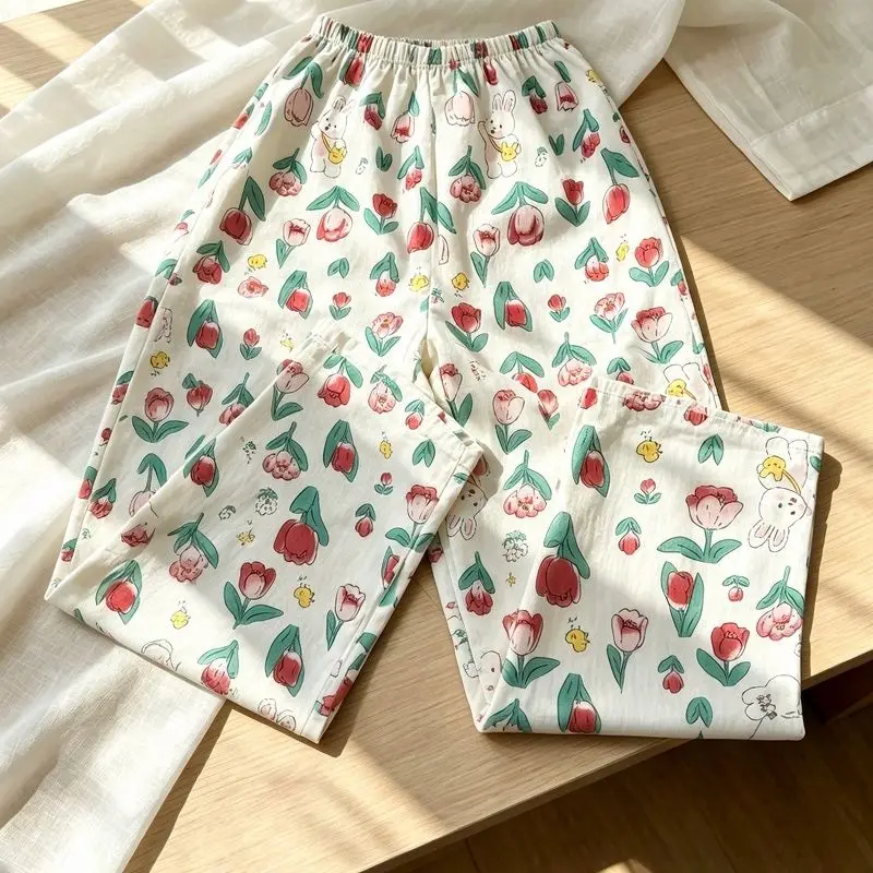 Flower Print Casual Sleep Pants New Spring and Summer Loose Casual Pants Wide-Leg Home Pants 2026 Long Thin Outside Pant
