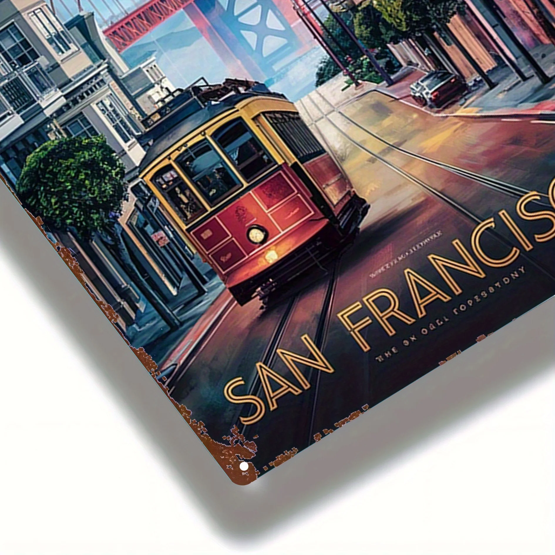2D Flat, 1pc Tin Sign San Francisco Golden Gate Bridge Tram Vintage Poster Classic Wall Art, Durable Metal Decor for Home, Kitch
