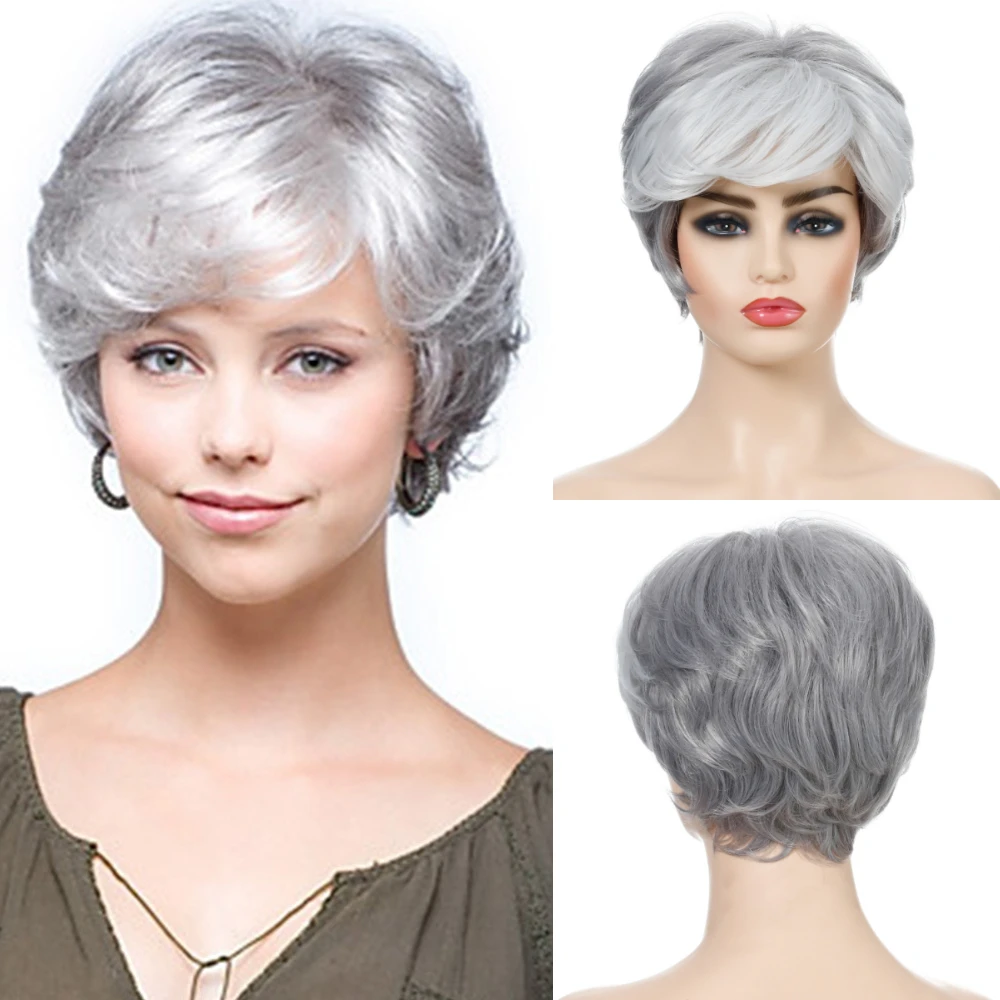 SHYRED Synthetic Hair Silver Grey Wigs Wavy Wigs for Women Short Wig With Side Swept Bangs Hair Natural Wigs Daily Use Cosplay