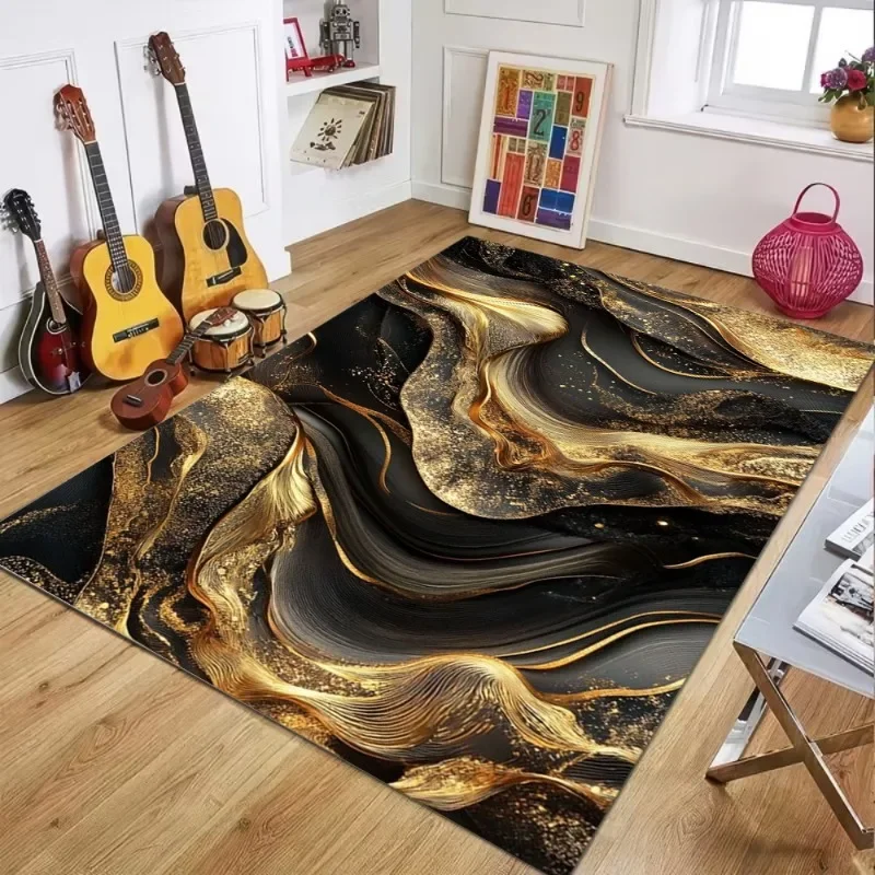 Artistic Fluid Print Carpet Black Gold Marble Texture Area Rug Modern Luxury Home Decor Soft Non-slip Floor Mat for Living Room