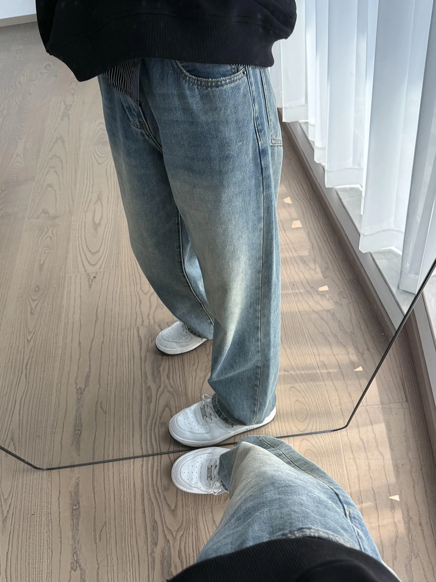 

Retro Blue Wide Leg Men's Jeans Loose Lazy Sle Comfortable Straight Cut Casual High Street Denim Pants Autumn Wear for Teens