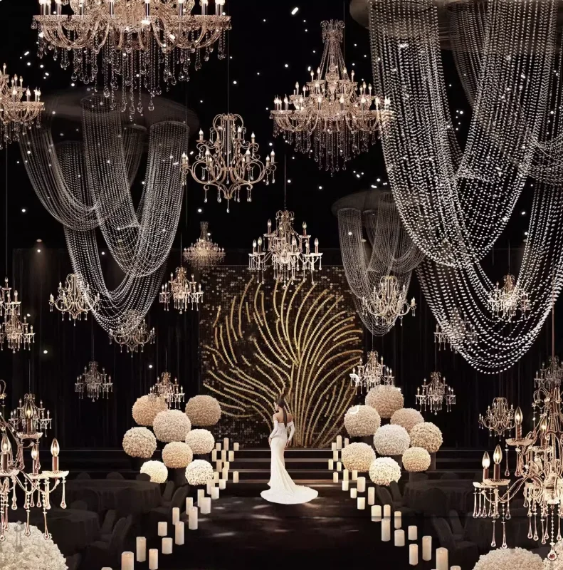 Luxury Acrylic Pendent Ceiling Crystal Bead Curtain Arch for Korean Wedding Decoration Stage Backdrops Props Korean Style