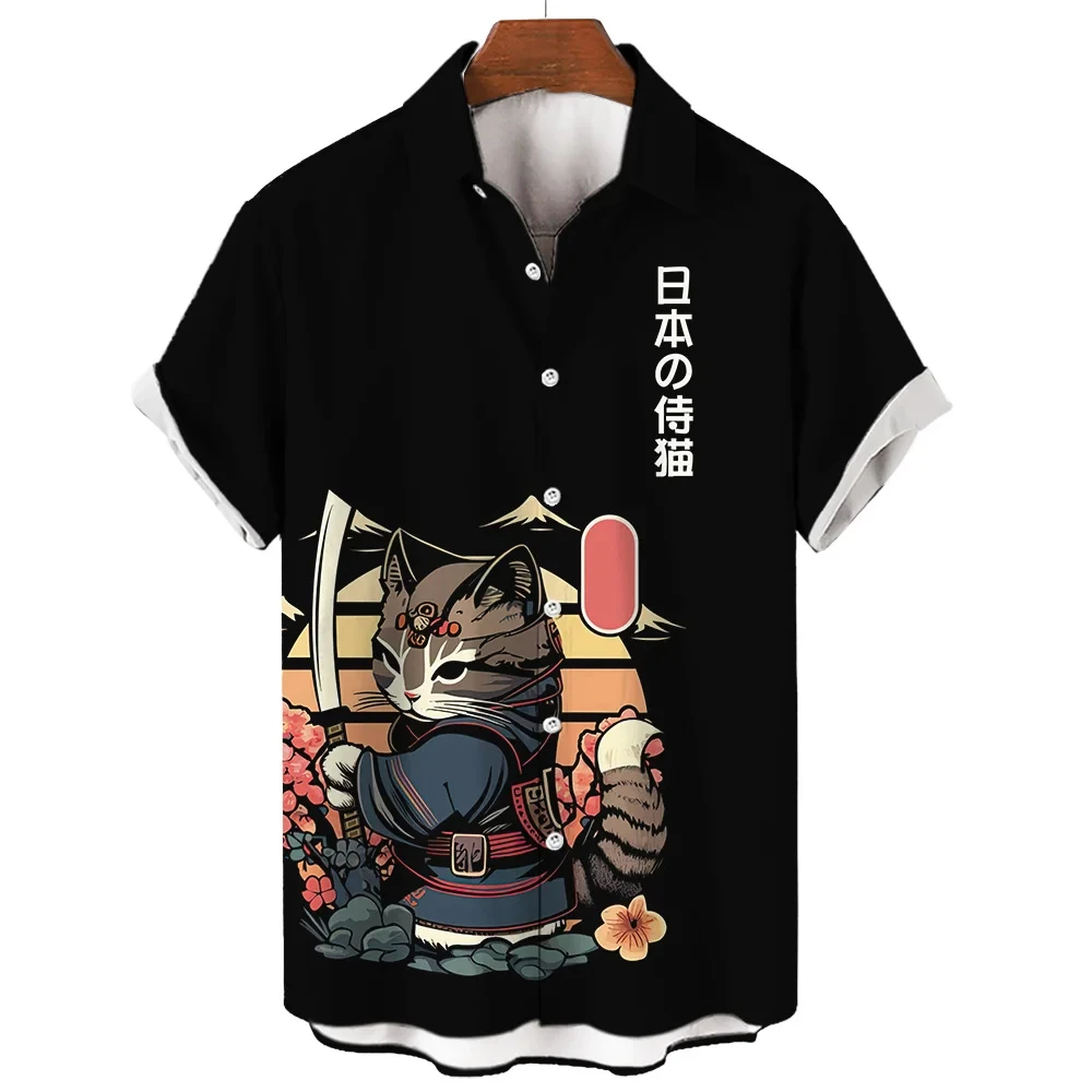 Camisa de manga curta de gato samurai masculina, blusa casual de botões soltos, camisa havaiana, roupa de verão, nova