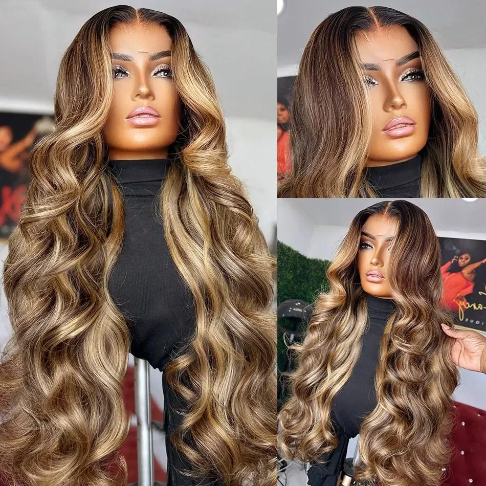 30 40 Cal 4/27 podkreśla kolorowe Ombre blond peruka Body Wave ludzkie włosy brazylijskie 13x6 HD przezroczysta koronkowa peruka frontalna dla kobiet