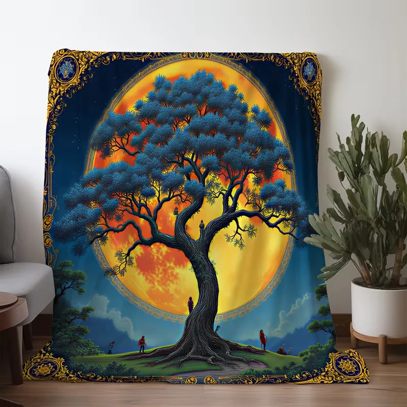 Vintage Magical Big Moon Tree Art Print Blanket Luxury Golden Border Soft Warm Blanket All Season For Bedroom Sofa Home Decor