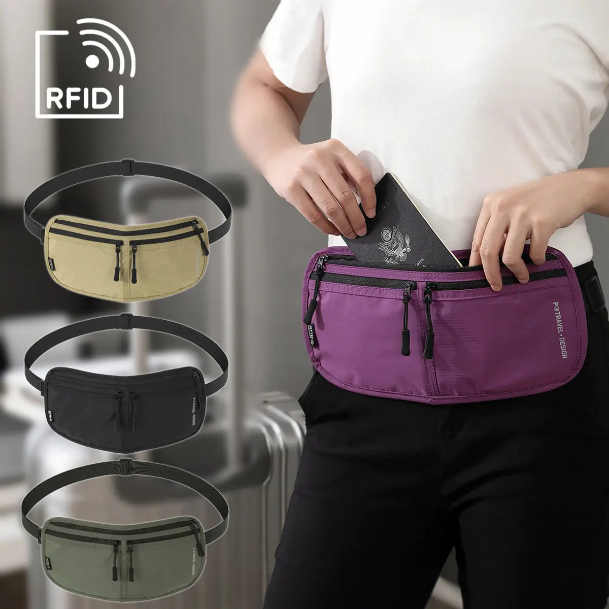 

Дорожная поясная сумка с поясом для денег, водонепроницаемая защита от кражи с RFID-блокировкой, держатель для паспорта, скрытый карман, безопасная поясная сумка, поясная сумка для