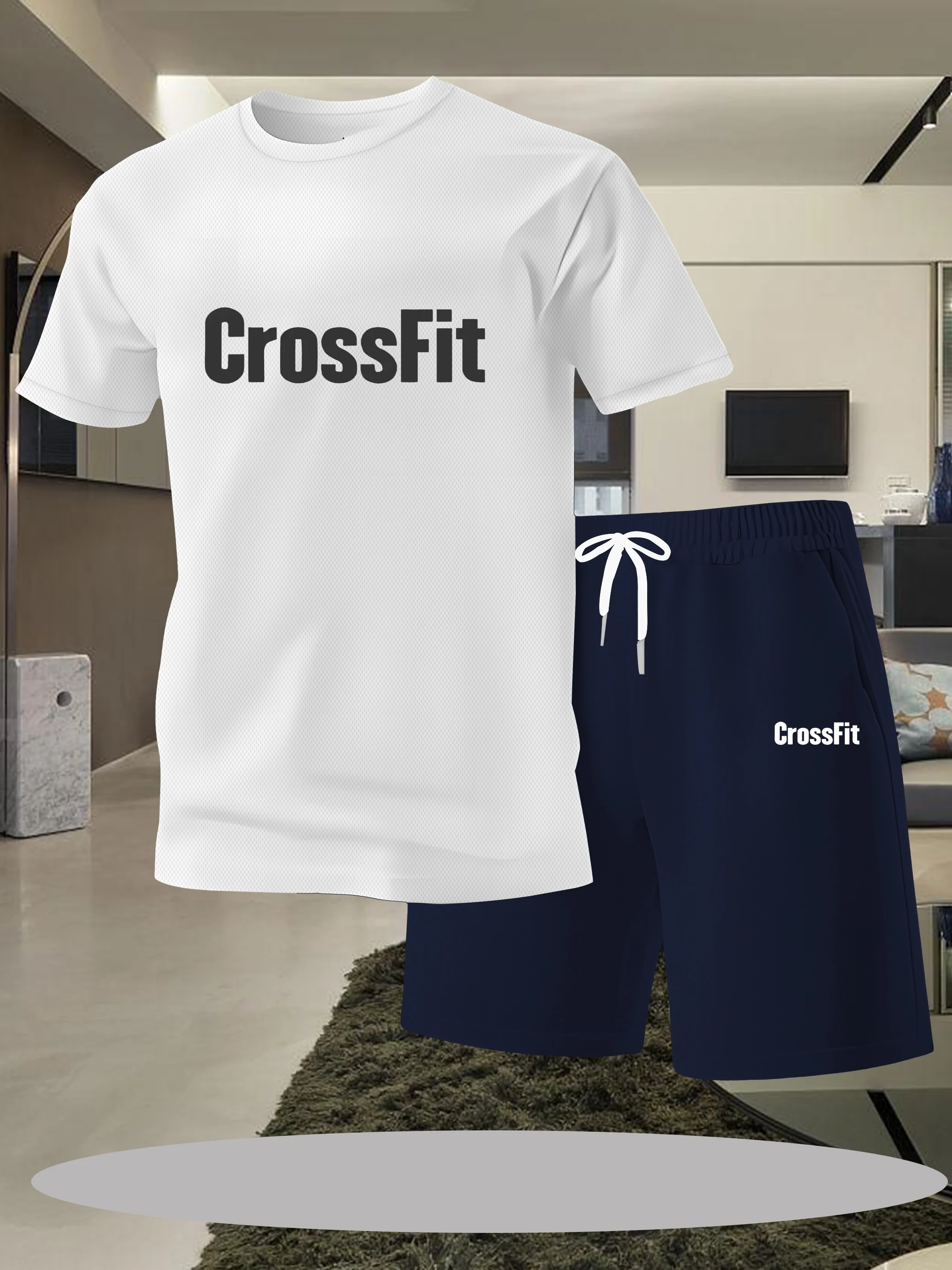 

Men's T-shirt and drawstring shorts fashionable printed set suitable for casual outings and outdoor sports