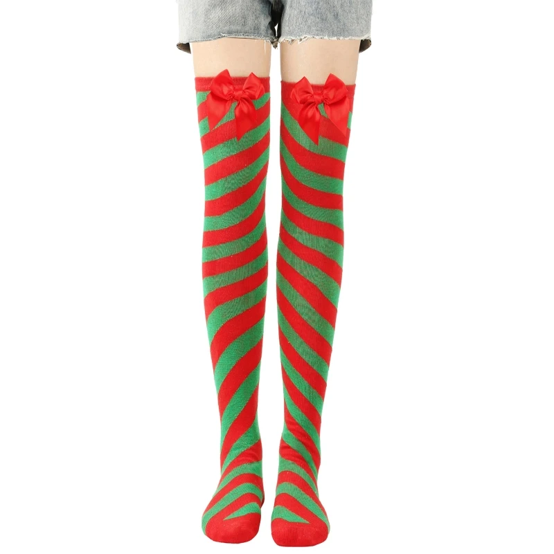 Classical Holiday Themed Cosplay Christmas Thigh High Long Socks for Women Plush Top Striped Over the Knee Stockings