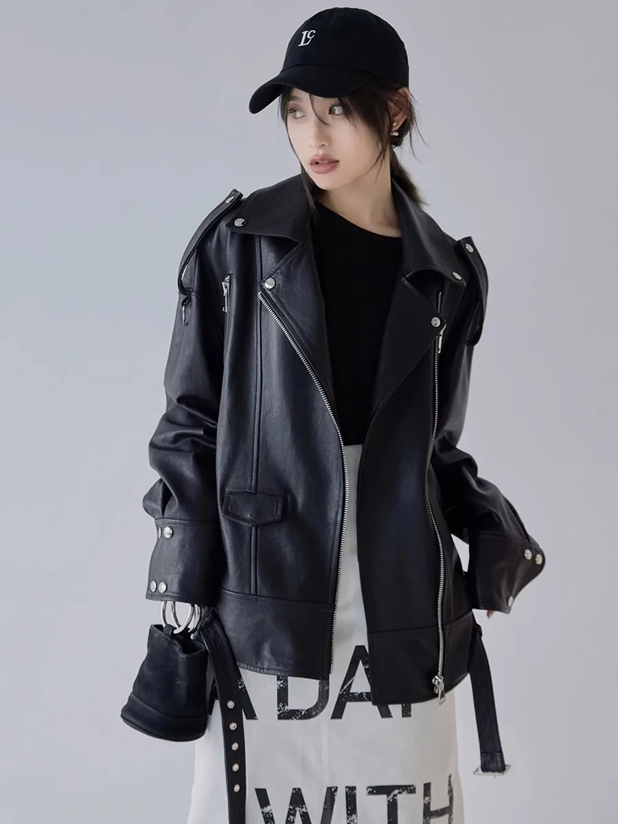 

Retro Black Genuine Leather Motorcycle Jackets for Women Spring Autumn 2026 New High-end Simple Loose Belted Real Sheepskin Coat