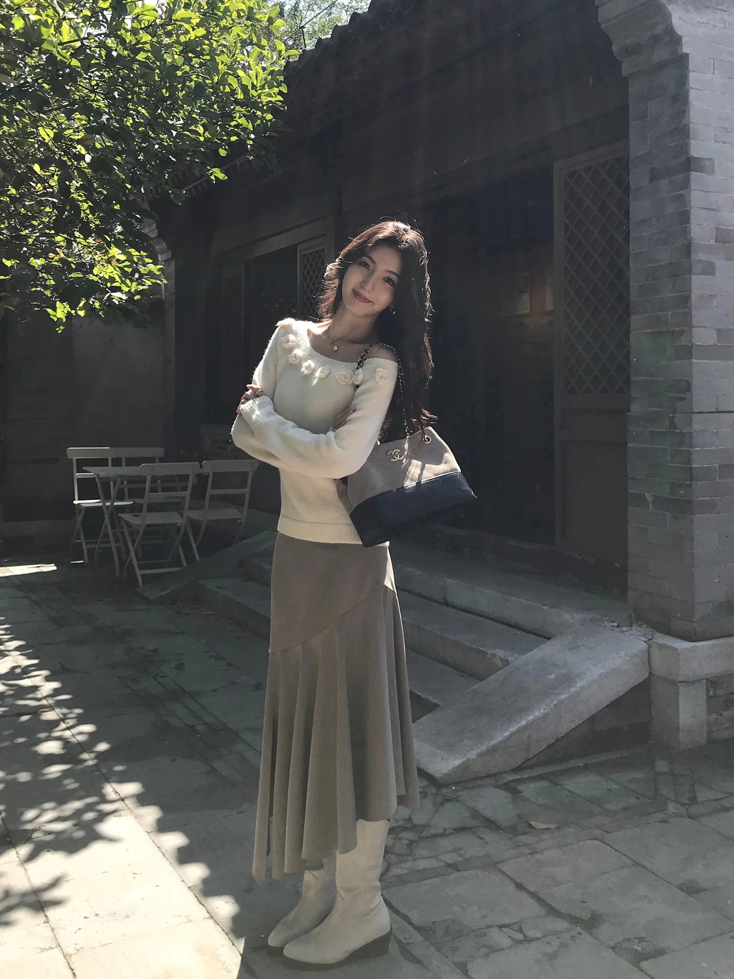 

Mulvan Rose Lover Women's Long Sve oulder Bared Knitted Sweater 3D Flower Decoration Slim Fit Spring Faion Ladies' Top