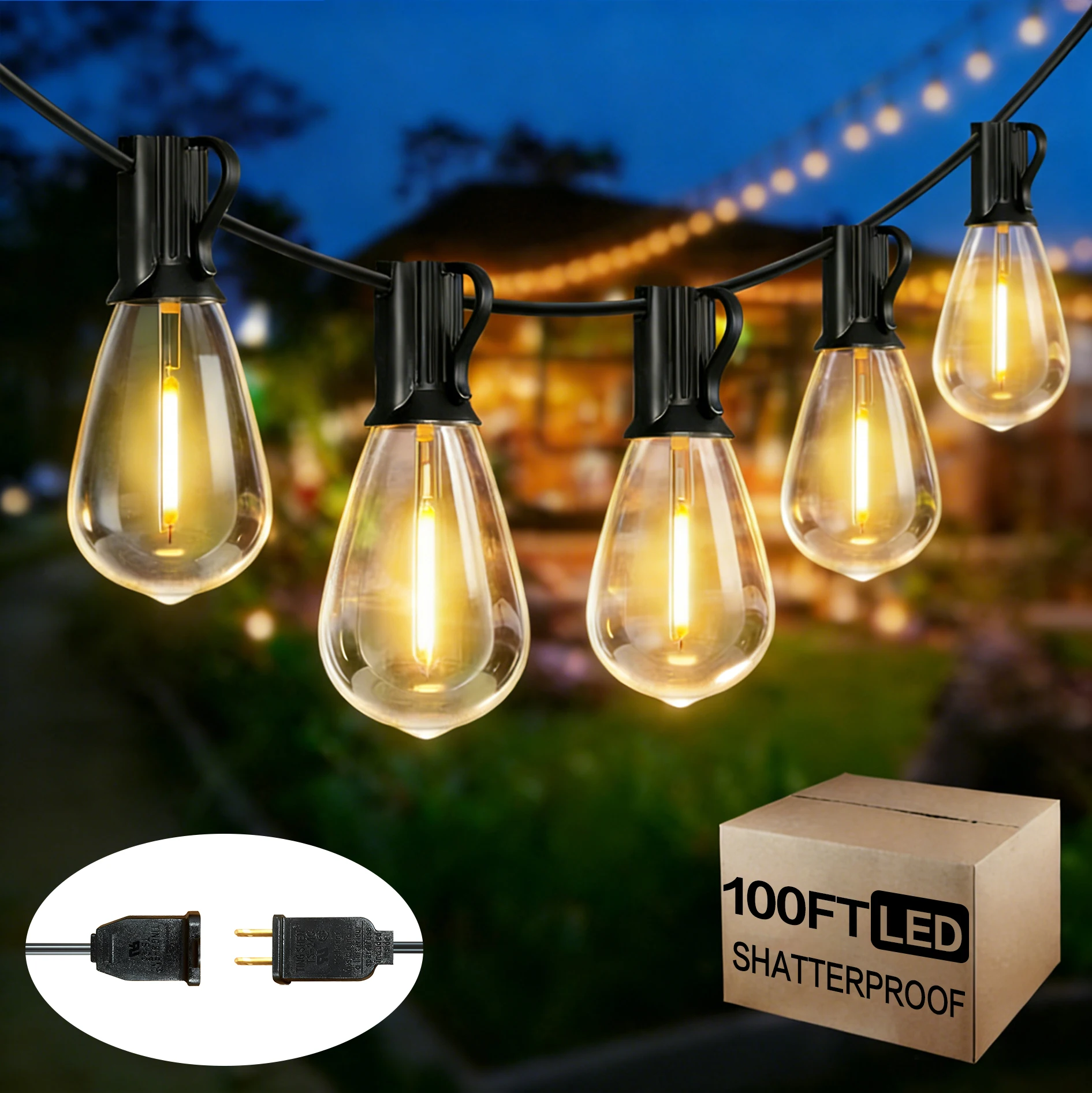 100FT S14 LED String Lights, 24 Bulbs, 2700K Warm White, E12 Base, Black Cord, High Voltage Outdoor Patio Lights