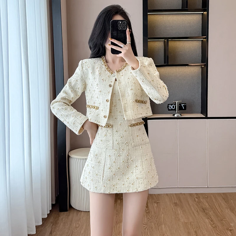 

Women 2025 Suit Temperament Autumn French Fragrant Style Jacket Versatile Vest Dress Two-Piece Set Tide