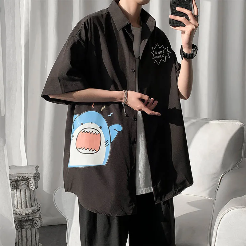 2025 Summer Men's Cartoon Print White Thin Short Sleeve Shirt Japanese Style Loose Casual Black Blue Plus Size Half Sleeve Shirt
