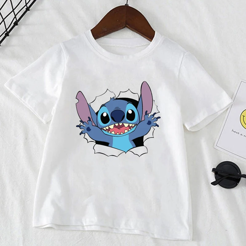 Cute Disney Stitch Print Kids T-shirts Summer White Short Sleeve Boys Girls Tee Shirt Child Cartoon Harajuku Tops Clothes