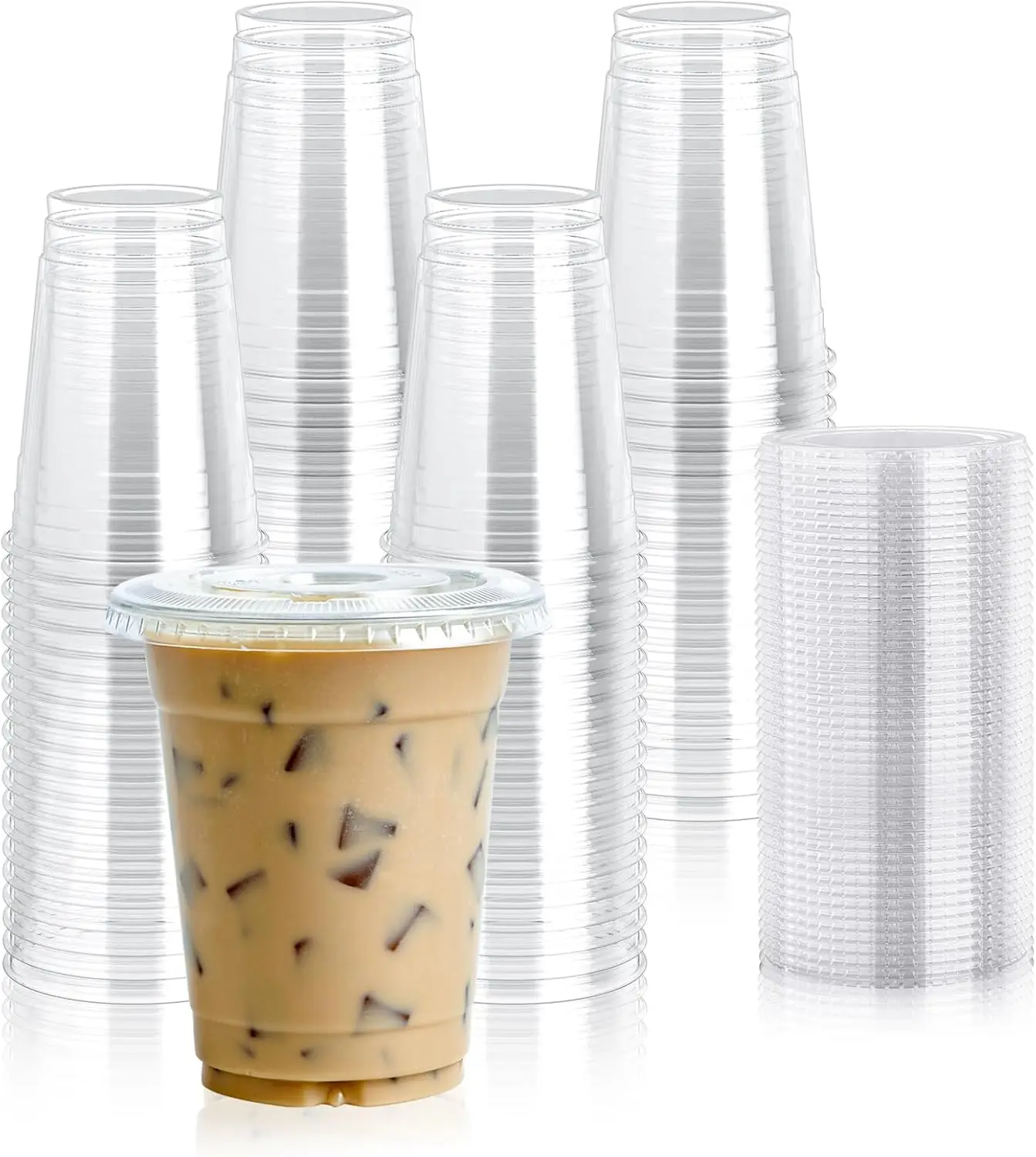 

100 Sets 12 oz Clear Plastic Cups with Flat Lids, 12 oz Disposable Drinking Cups With Lids for Ice Coffee, Smoothie, Slu
