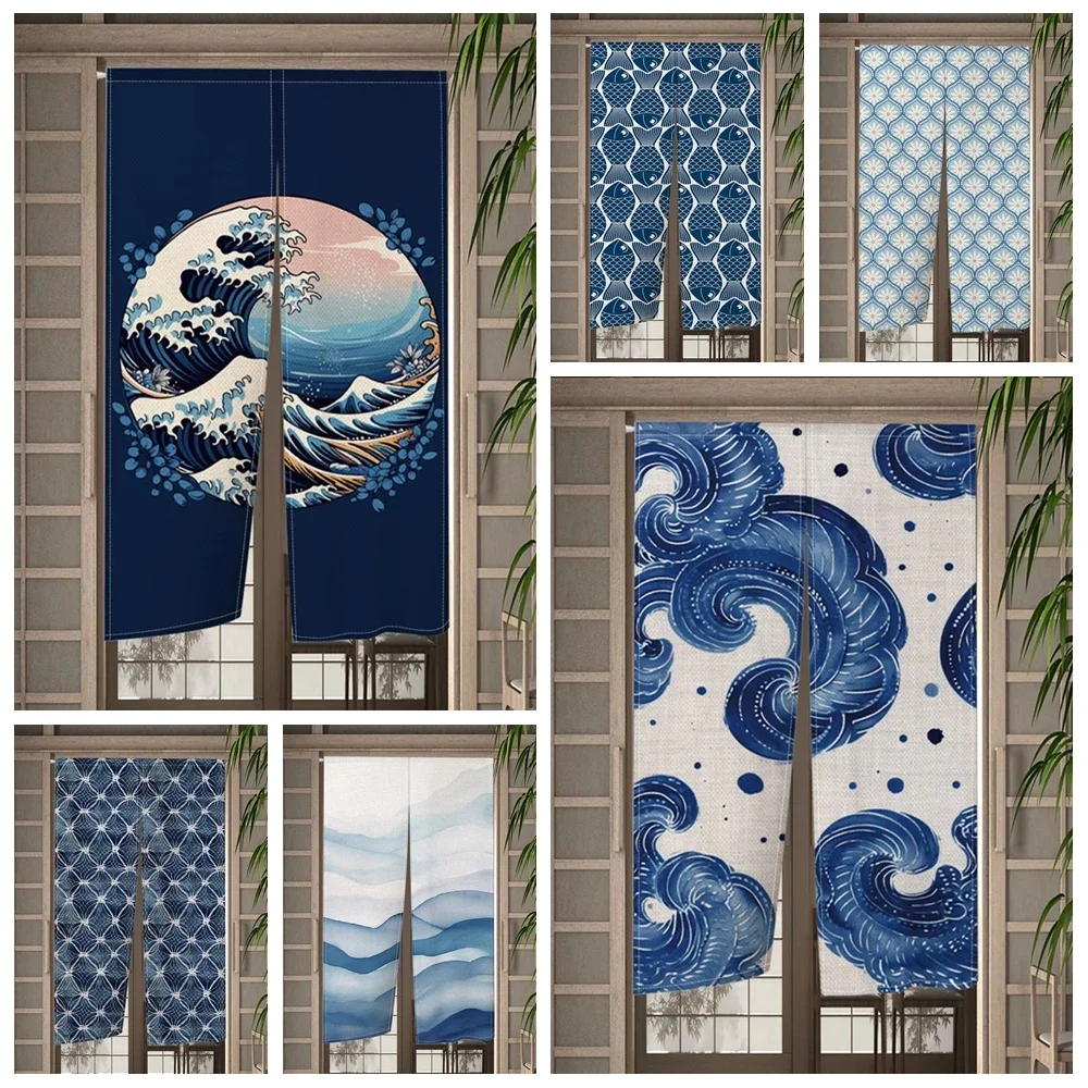 Japanese Style Door Curtain Blue White Wave Fish Scale Pattern Traditional Noren for Home Decor Room Entrance Divider Partition