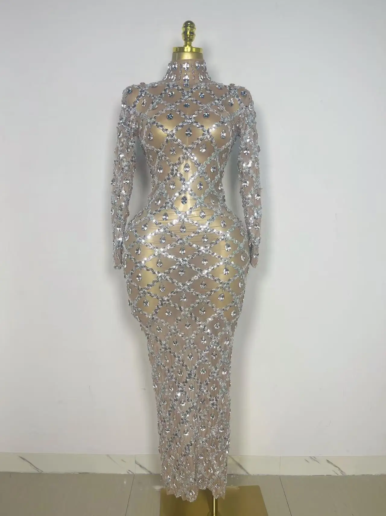 Stage Shining Rhinestone Sequin Long Dress Evening Prom Gown Transparent Singer Club Host Dress Sexy Luxury Birthday Dress