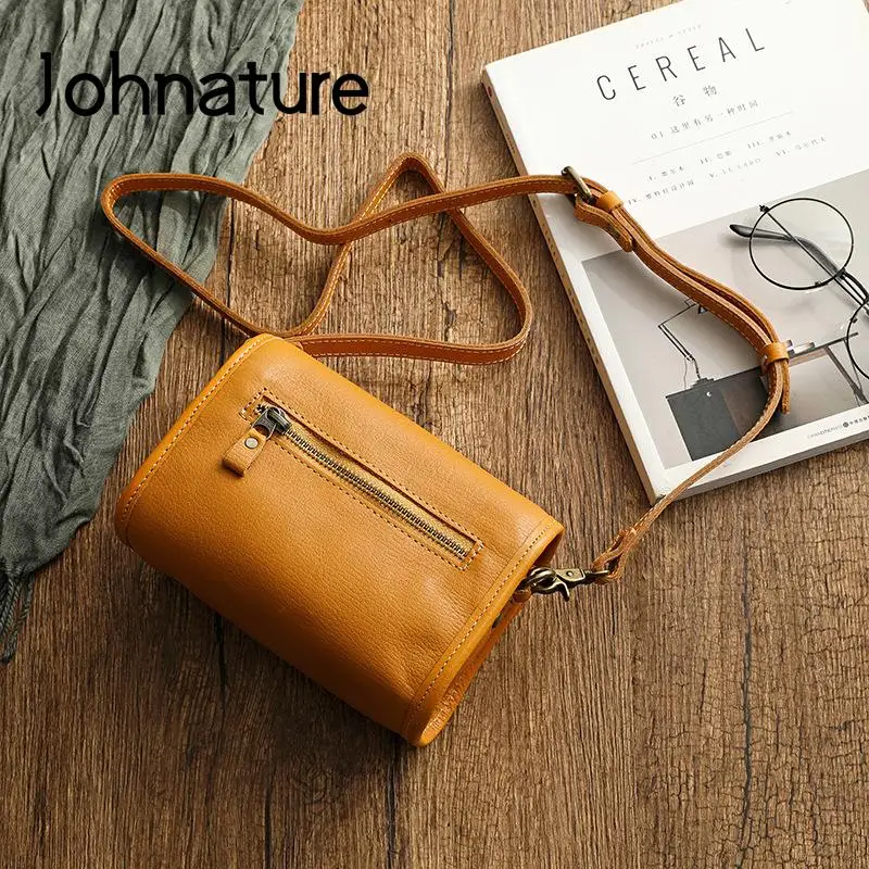 Johnature Genuine Leather Retro Small Bag Women 2024 New Soft Real Cowhide Simple Solid Color Shoulder & Crossbody Bags