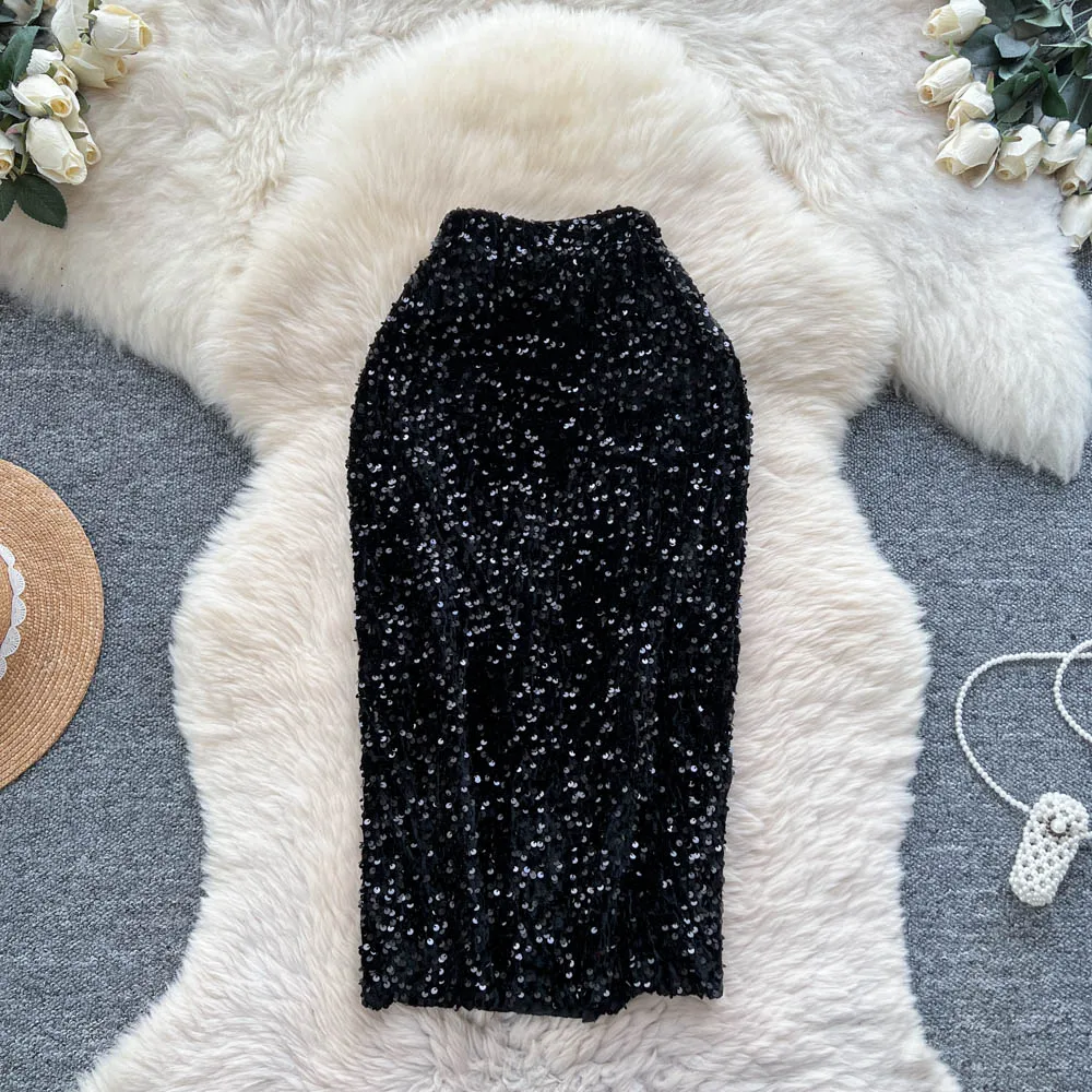 

Women Elegant Chic sequin Pleated Sexy Skirt Elastic High Waist Korean Fashion Vintage Slim Casual Clothing