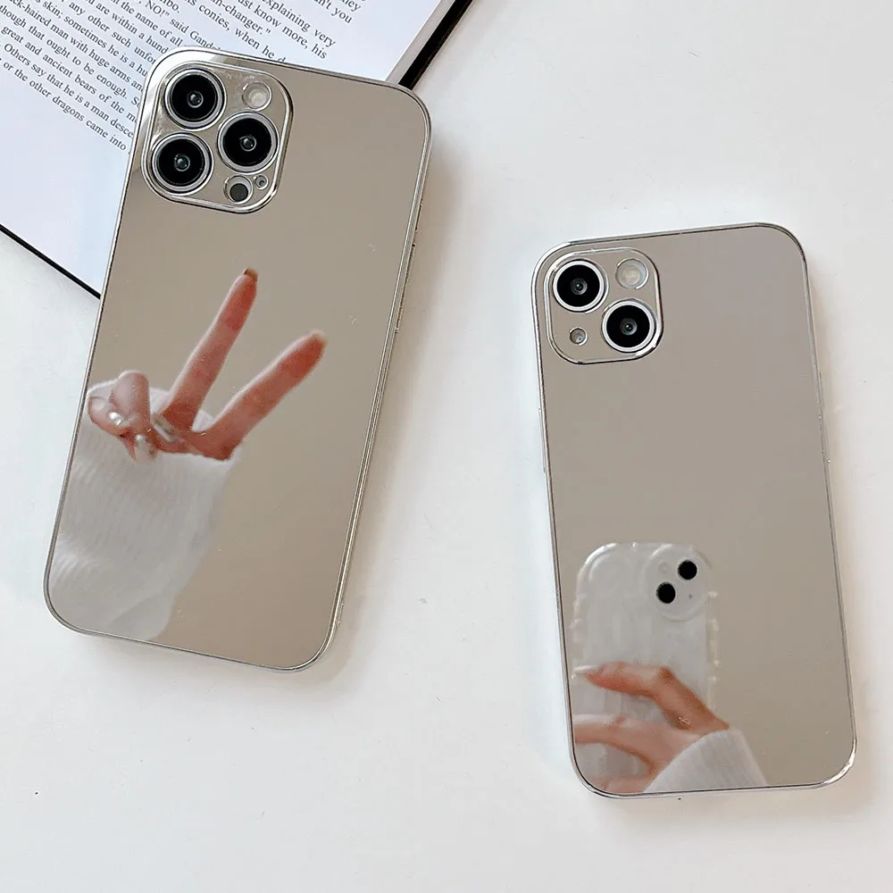 Серебристый ударопрочный чехол с зеркалом для макияжа для iPhone 15, 16 Pro, 11, 12, 13, 14 Pro Max, X, XR, XS, задняя крышка телефона, чехол-бампер для объектива камеры