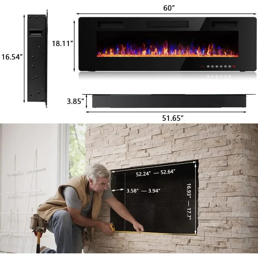 Ultra-Thin in-Wall Recessed and Wall Mounted Fireplace Heater,Linear Fireplace with Multicolor Flame,Timer,Low Noise