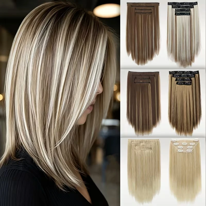 14Inch 4pcs/set Synthetic Clip-in Hair Extensions Short Straight Fake Hair Pieces Soft Fiber Add Volume for Women Daily Hairstyl