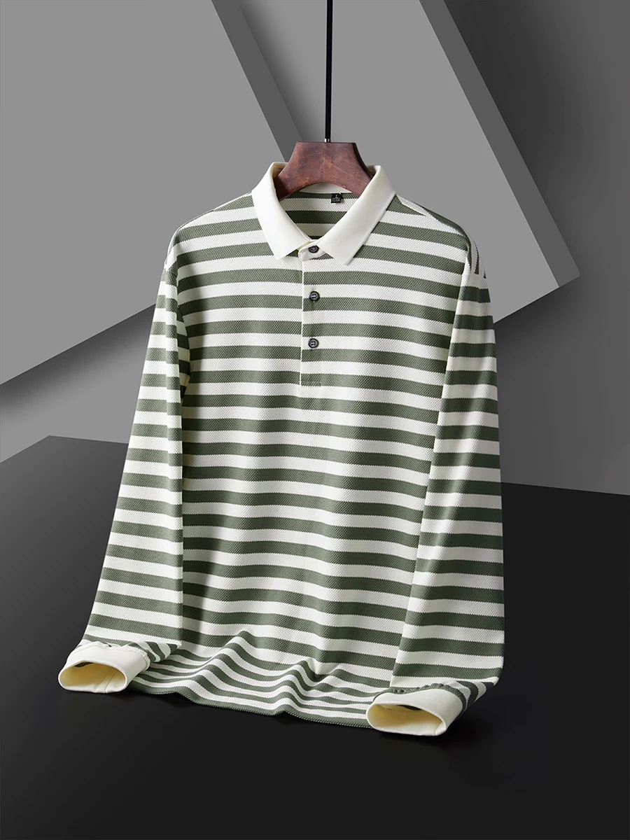 T Luxury  Lapel Men Long Sleeve High Quality Spring and Autumn Wear Fashionable Striped Color Matching Men's T-shirt Polo Shirt image 5