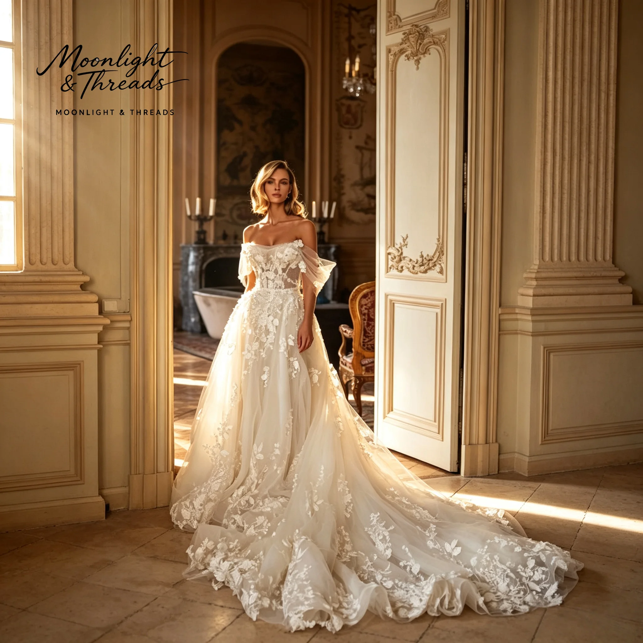 

Ivory off-the-shoulder strapless sleeveless ball gown floor-length formal wedding dress featuring beading boning and embroidery