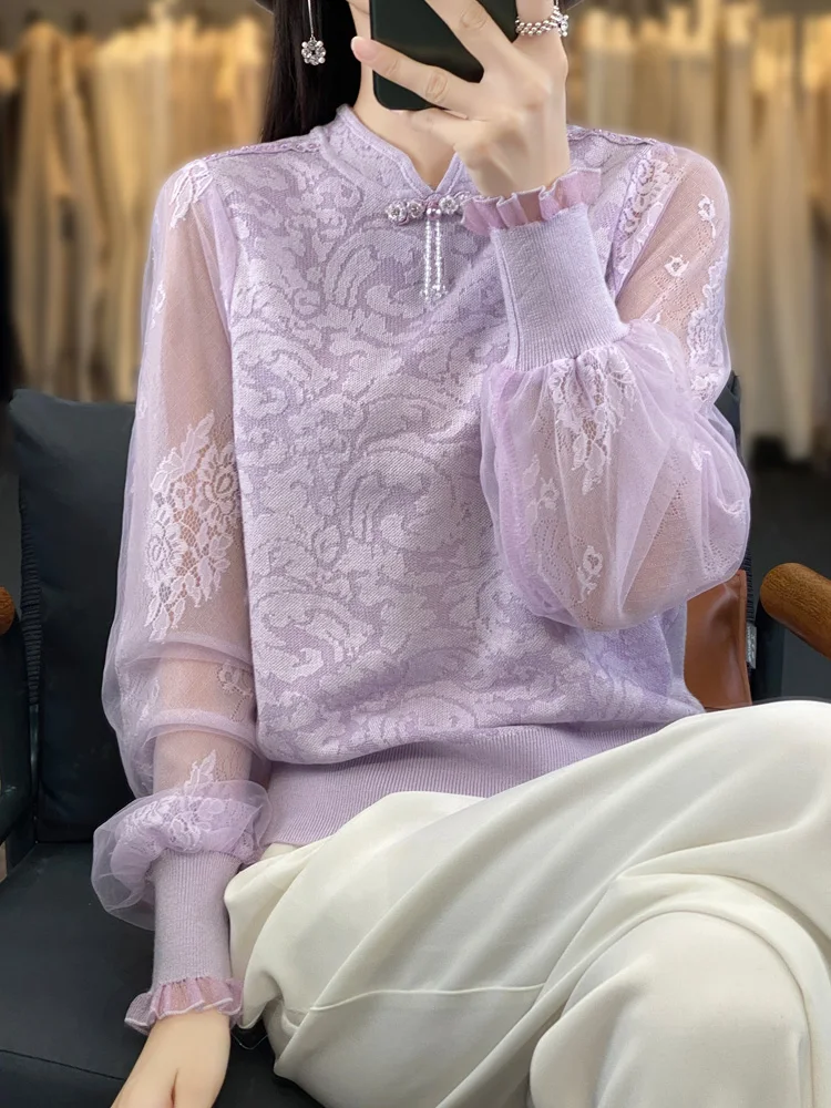 

Женский пуловер из 100% мериносовой шерсти, однотонный вязаный кружевной свитер с воротником-стойкой и вышивкой, осенне-зимняя одежда, теплая, приятная для кожи