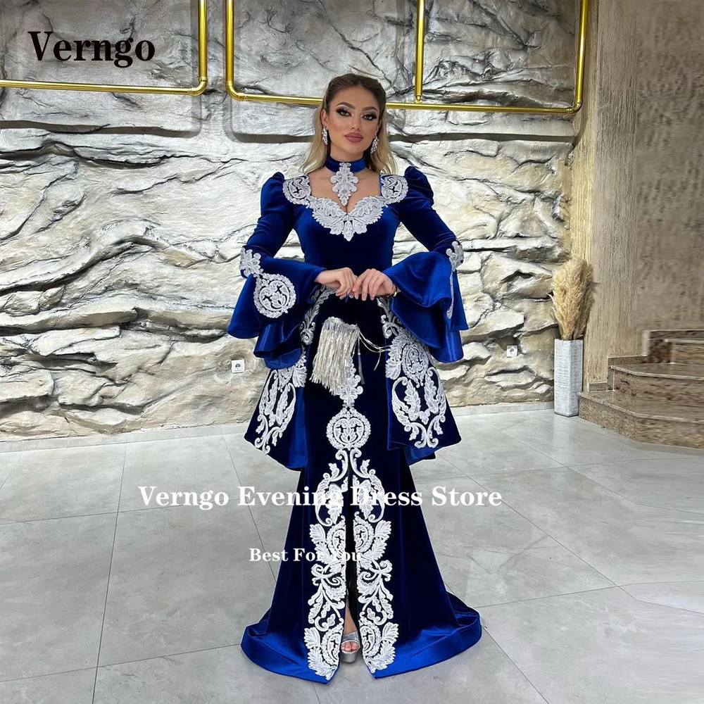 Verngo Royal Blue Velvet marocchino caftano abiti da ballo staccabile treno Applique Flare maniche lunghe Dubai arabo donne abiti da ballo