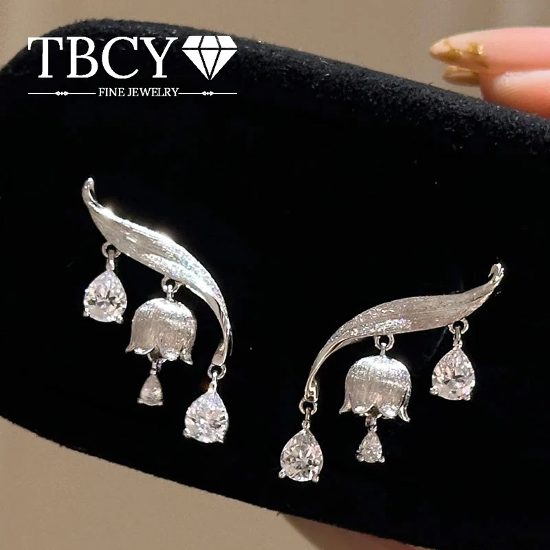TBCYD Vintage 925 Silver Long Earrings Pear Cut Lily of The Valley Flower Earrings for Women 5A Cubic Zircon Fine Jewelry Gift
