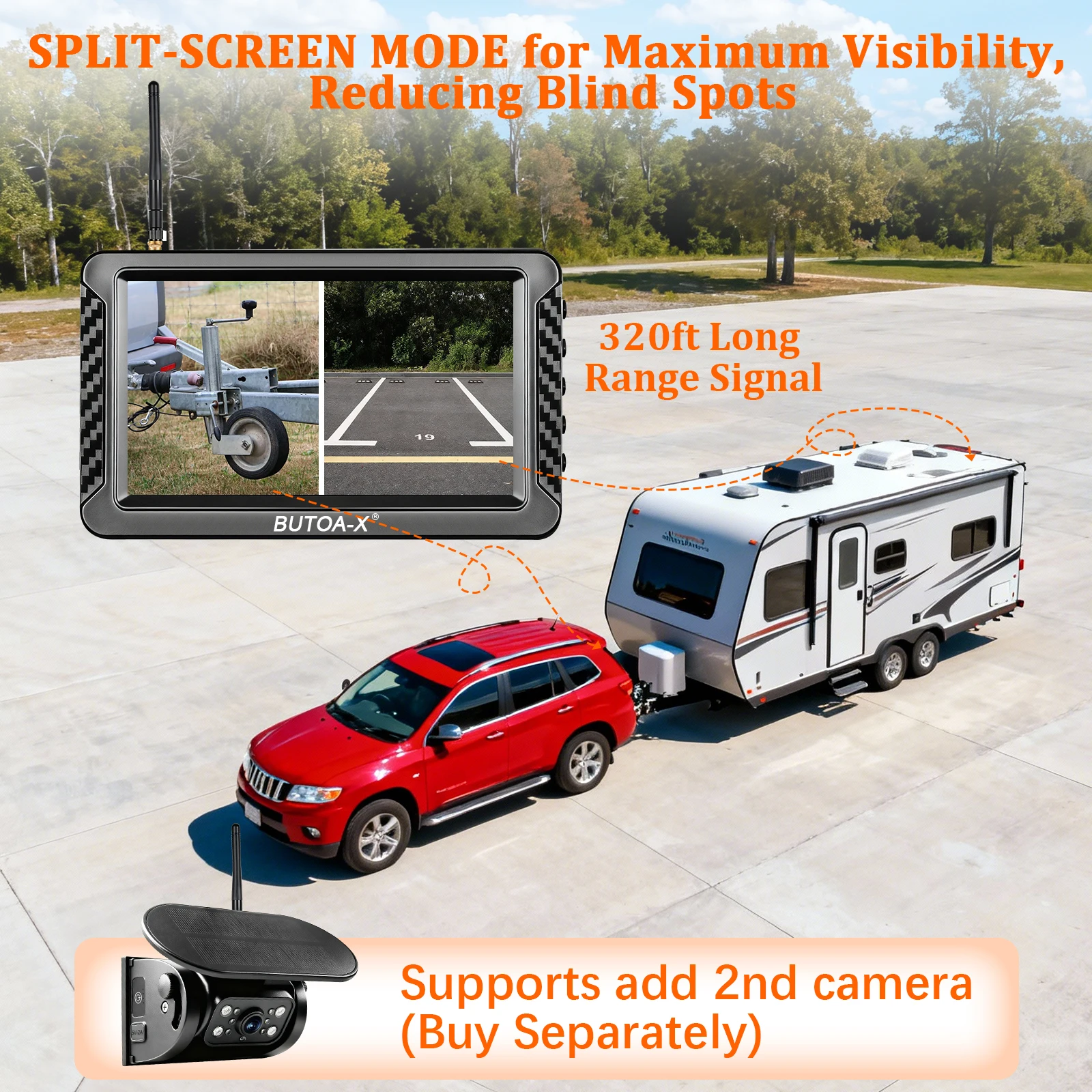 5 Inch 2CH Solar Magnetic Wireless Backup Camera Kit, IR Night Vision Waterproof Side Button Monitor No Wiring For Car RV Truck