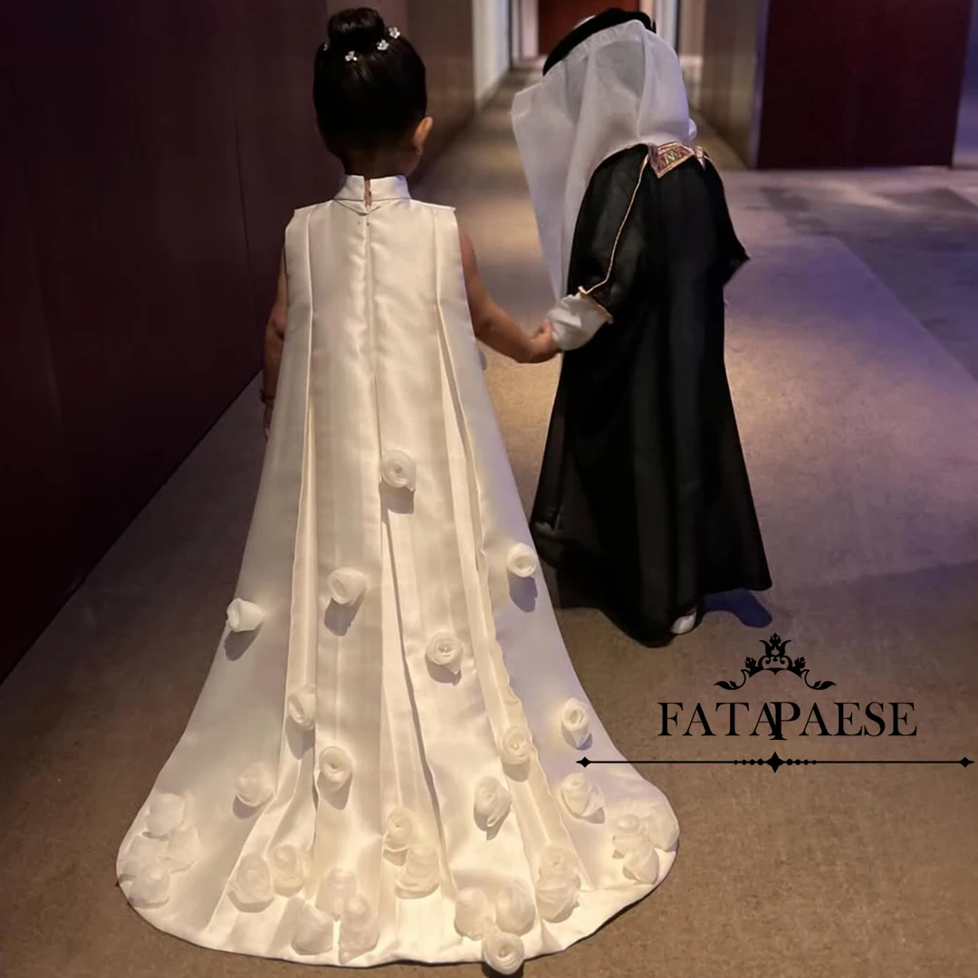 FATAPAESE-Robe de mariée en satin pour filles, robe de Rhde communion pour enfants, jupe longueur au sol, nœud papillon personnalisé sur les vêtements