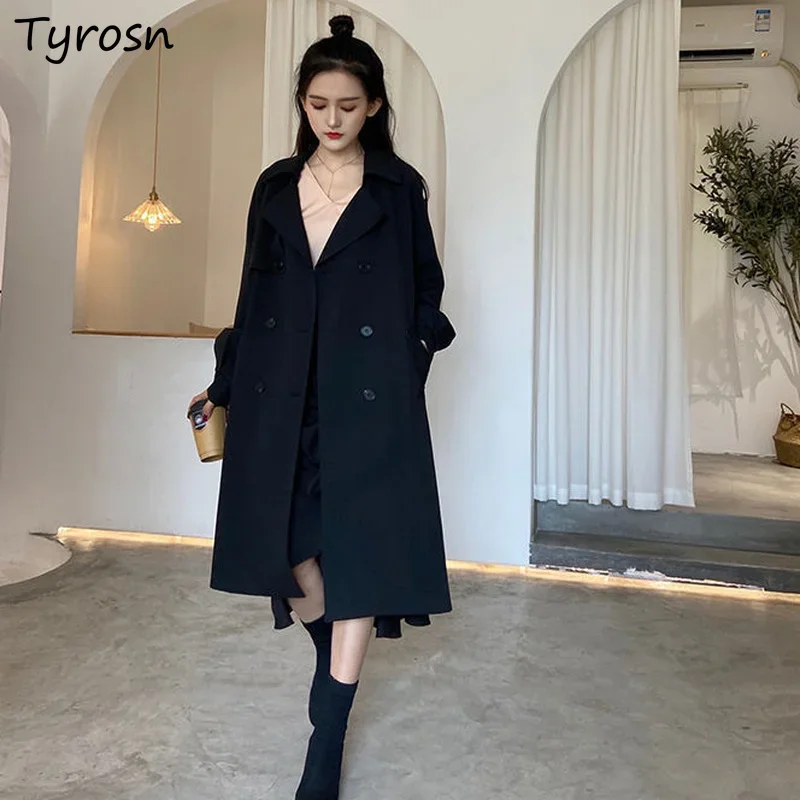 

Women Wool Bends Coats Loose Office Lady Cotton-quilted Warm Over Knee Fall Winter Lapel Double Breasted Femme Elegant New Solid