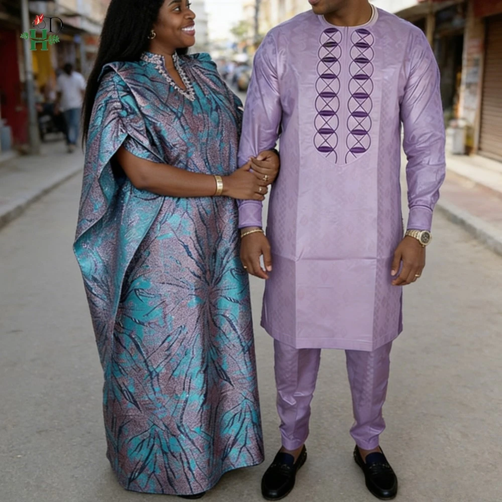 

2026 African Dresses For Couple Purple Maching Traditional Men 2PC Embroidered Outfit Set Muslim Robe BouBou Wedding Party Dress