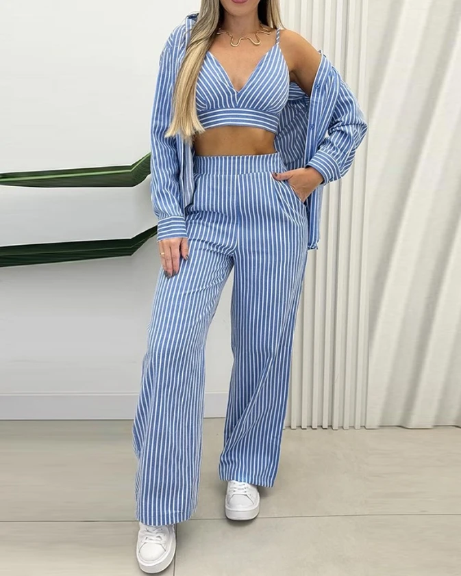 Blue White Striped Short Camouflage Top and Pocket Design Long Pants Set Paired with Ribbed Shirt Jacket Fashion Three Piece Set