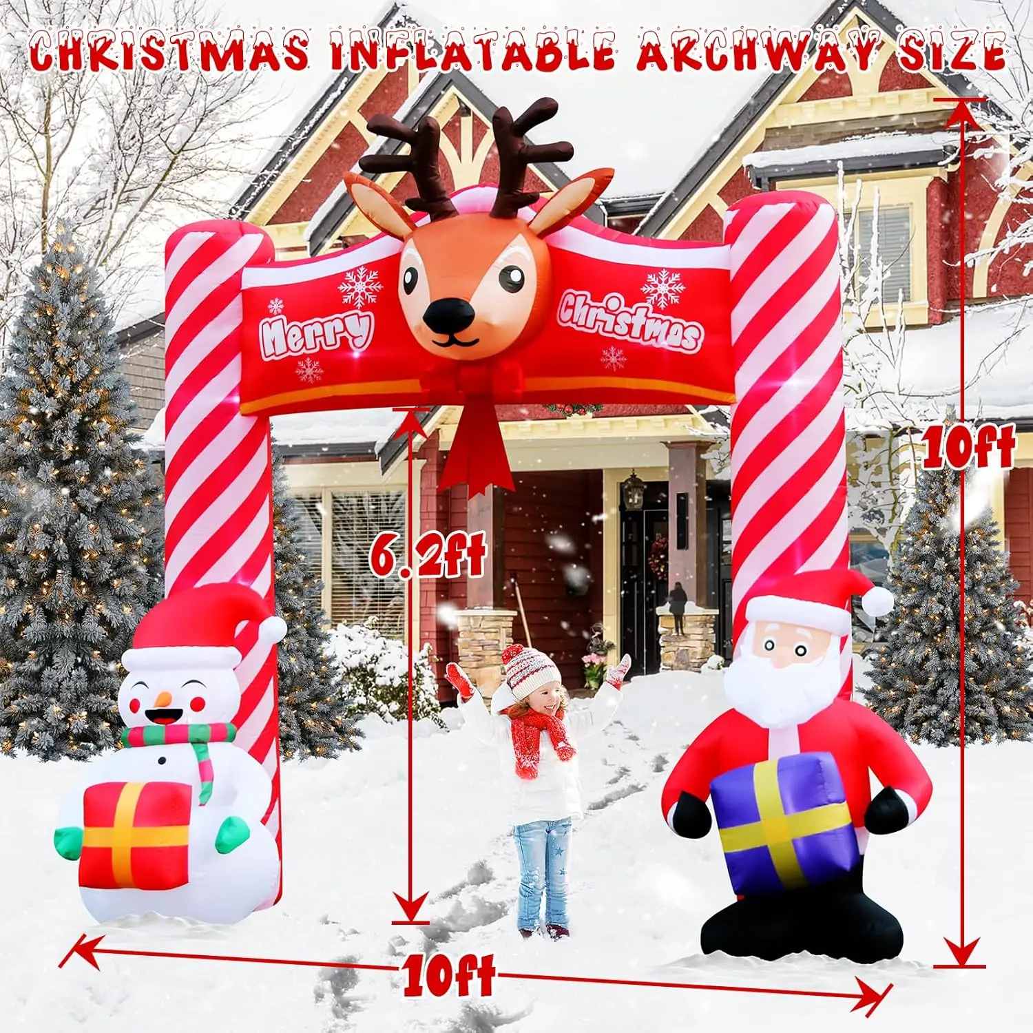 10FT Christmas Inflatables Archway Outdoor Decoration, Blow Up Yard Candy Arch Inflatable with Santa Claus, Snowman, Reindeer, B