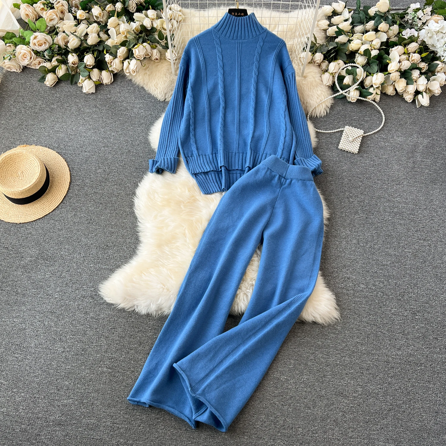 REALEFT Autumn Winter 2 Pieces Women\'s Sets Outfit Knitted Tracksuit Turtleneck Sweater and Straight Jogging Pant Suit 2024 New