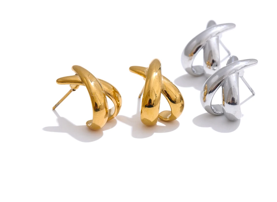 Yhpup Minimalistische X-förmige Ohrstecker aus Metall, 18 Karat PVD-beschichtet, täglicher Edelstahl, attraktiver Modeschmuck für Damen – Detail 9