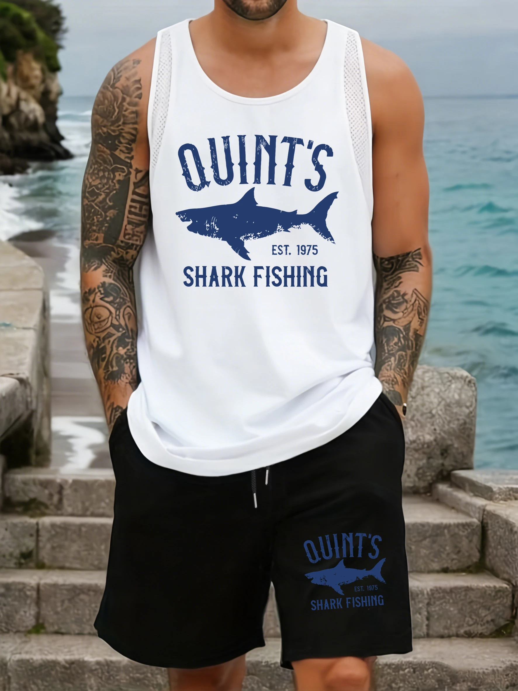 

Quint'S Shark Fishing Print Mesh Tank Tops Suits Man Fitness Wide-Leg Short Pants Crewneck Summer Vest Sleeveless Tee Shirt
