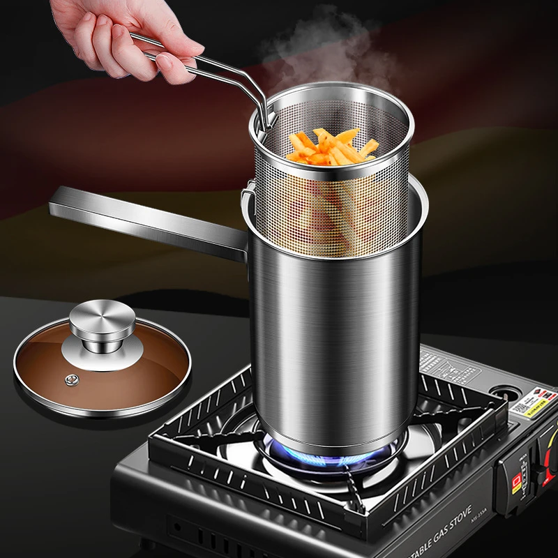 

Household Small Fryer With Filter German 304 Stainless Steel Fryer Heightened and Deepened Oil-saving Pan Deep Cookware Kitchen