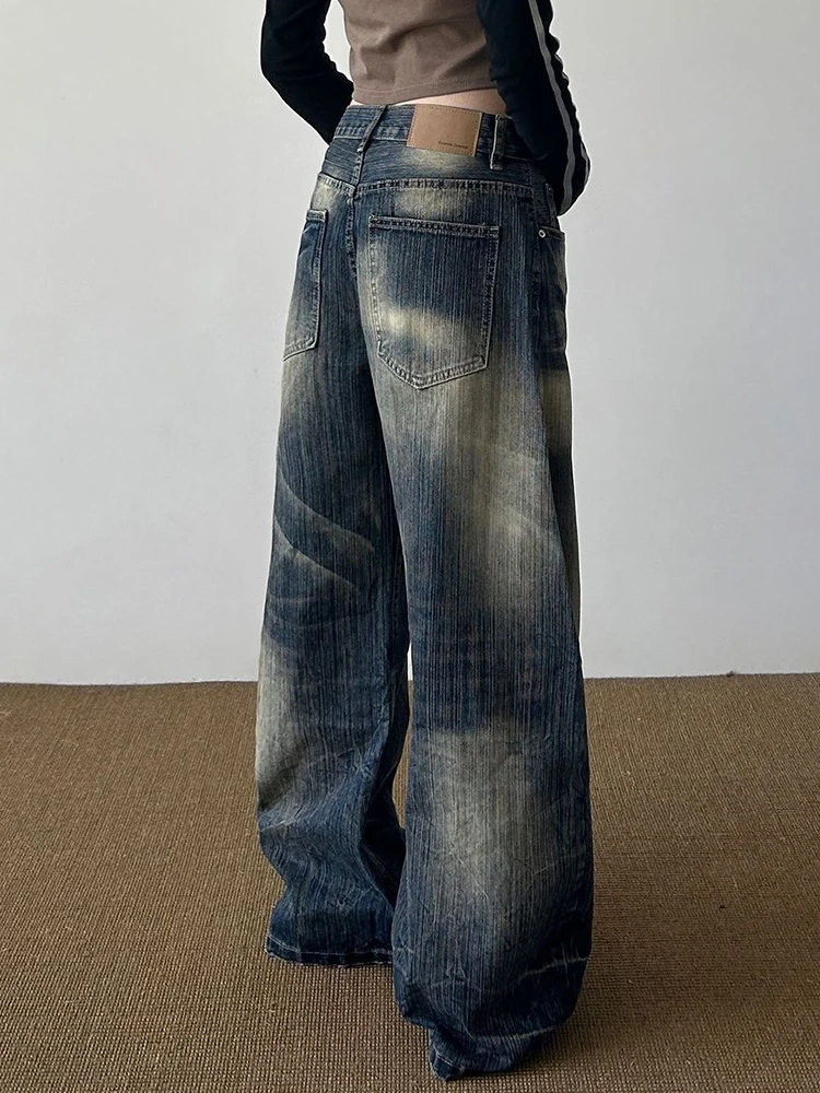 Jeans vintage invecchiati da donna Primavera Vita bassa Streetwear Pantaloni scimitar larghi Bf Pantaloni hip-hop americani tutti abbinati in denim