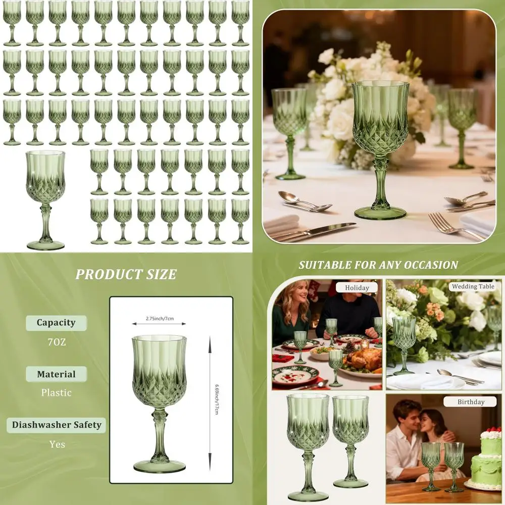 

Set of 48 7-Ounce Green Plastic Wine Glasses - Unbreakable Stemless Drinkware for Weddings and Events