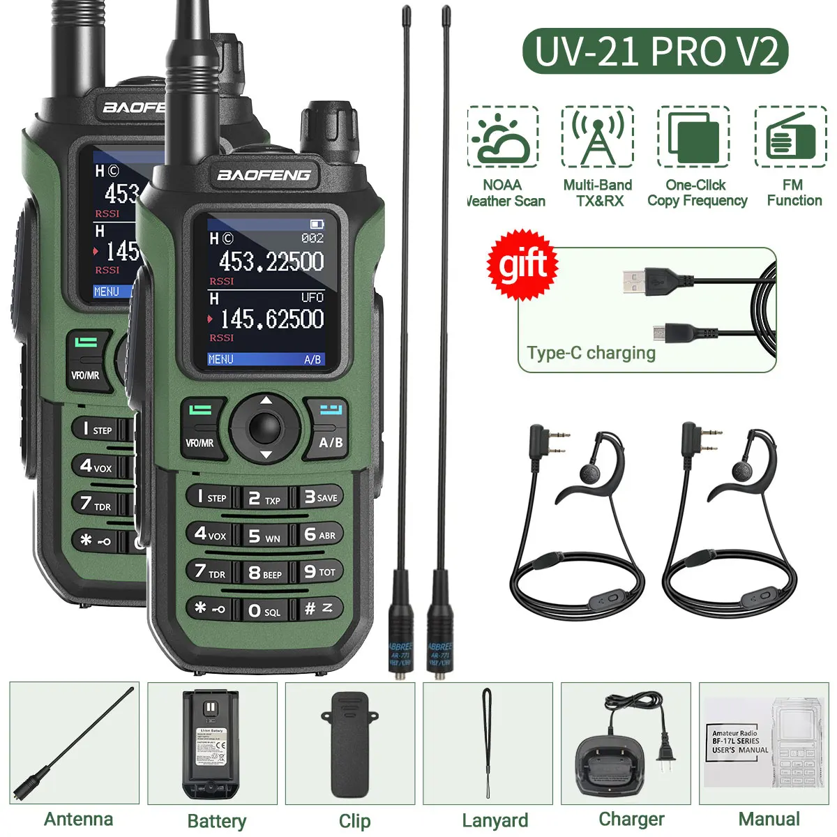 2PCS Baofeng UV-21 Pro Walkie Talkie Multi Band Draadloze Kopieerfrequentie Lange afstand 999CH AM High Power UV 5R K6 5RH Ham Radio